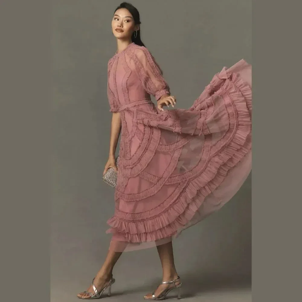 ANTHROPOLOGIE MAC DUGGAL 8058 High Neck Micro Ruffle Tiered Midi Dress Rose 18 - Picture 3 of 7